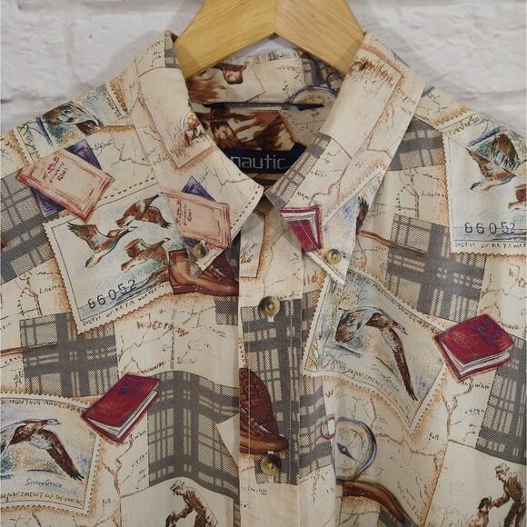 R Nautica Men's Outdoor Travel Stamp Print Long Sleeve Button Down Shirt Size XL - Picture 2 of 7